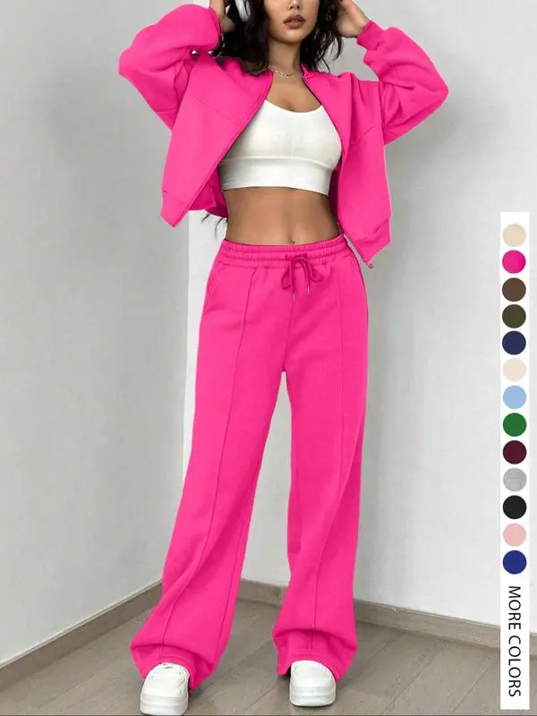 Two-piece Set Women's Solid Zip Up Drop Shoulder Jacket & Pocket Elastic Waist Pants