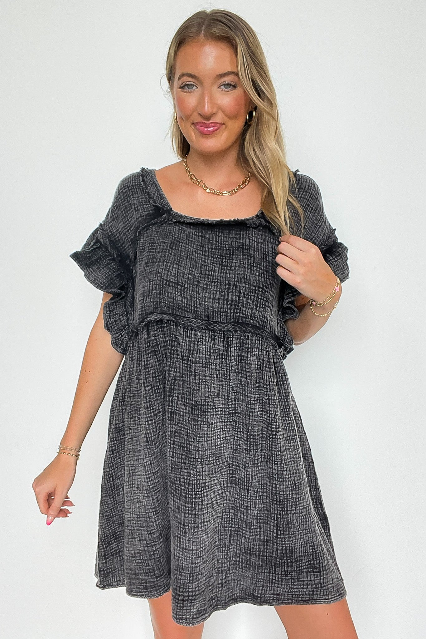Mineral Washed Square-Neck Ruffle Sleeve Dress