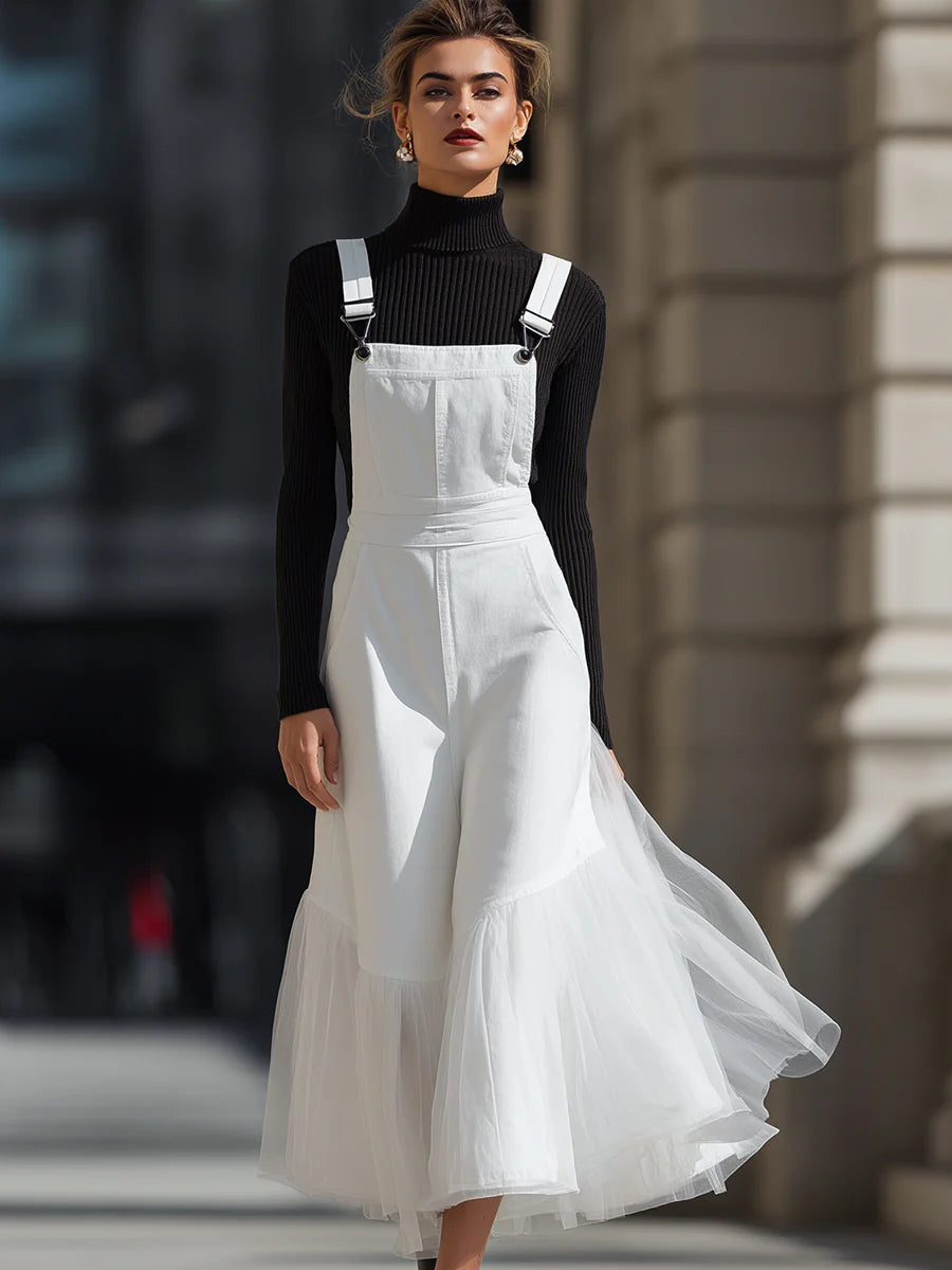 Elegant White Tulle-trimmed Denim Overalls
