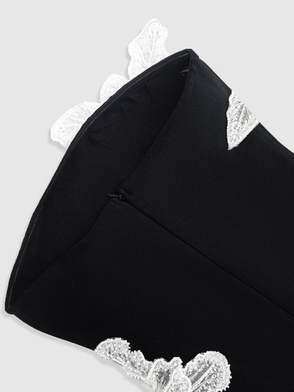 Christmas Tube Top Beaded Flower Bandage Dress Knitted Black Short Dress Party Skirt