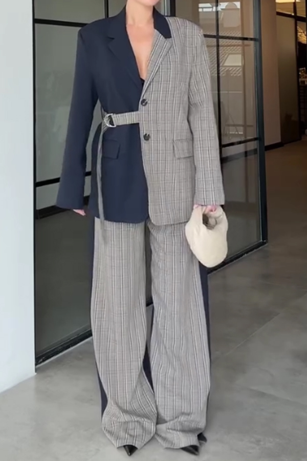 Women Elegant Office Irregular Contrast Plaid Blazer + Pants Suit