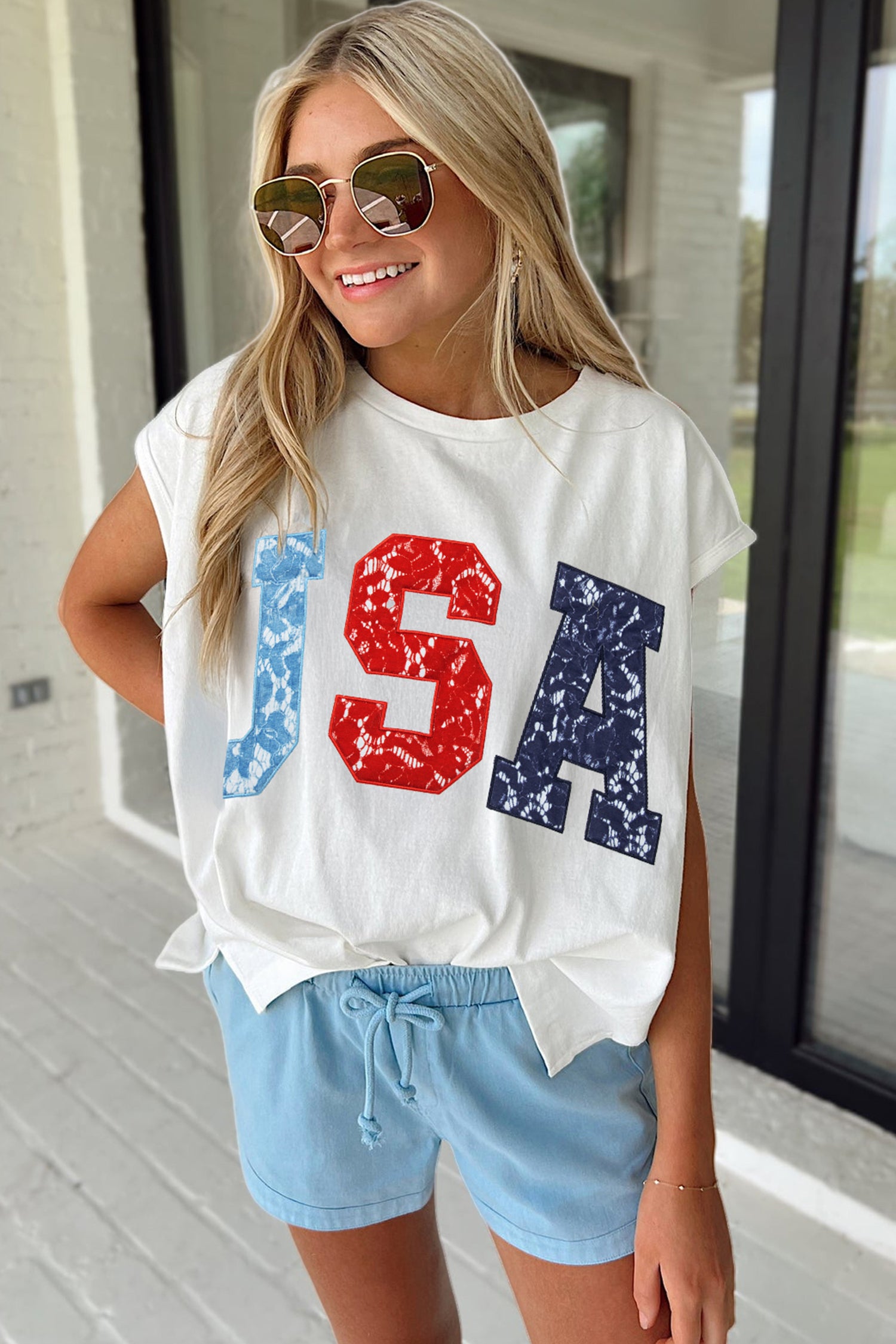 White Usa Color Block Letter Printed Dolman Tee
