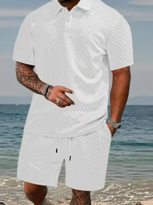 Men's summer casual texture fabric solid color polo shirt T-shirt shorts 2-piece set