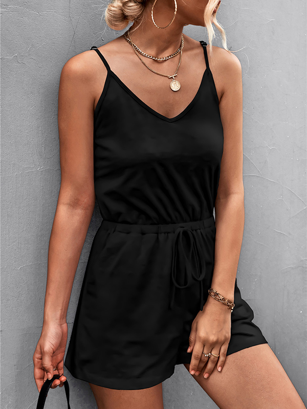 Drawstring Pockets Solid Color High Waisted Loose Spaghetti-Neck Rompers