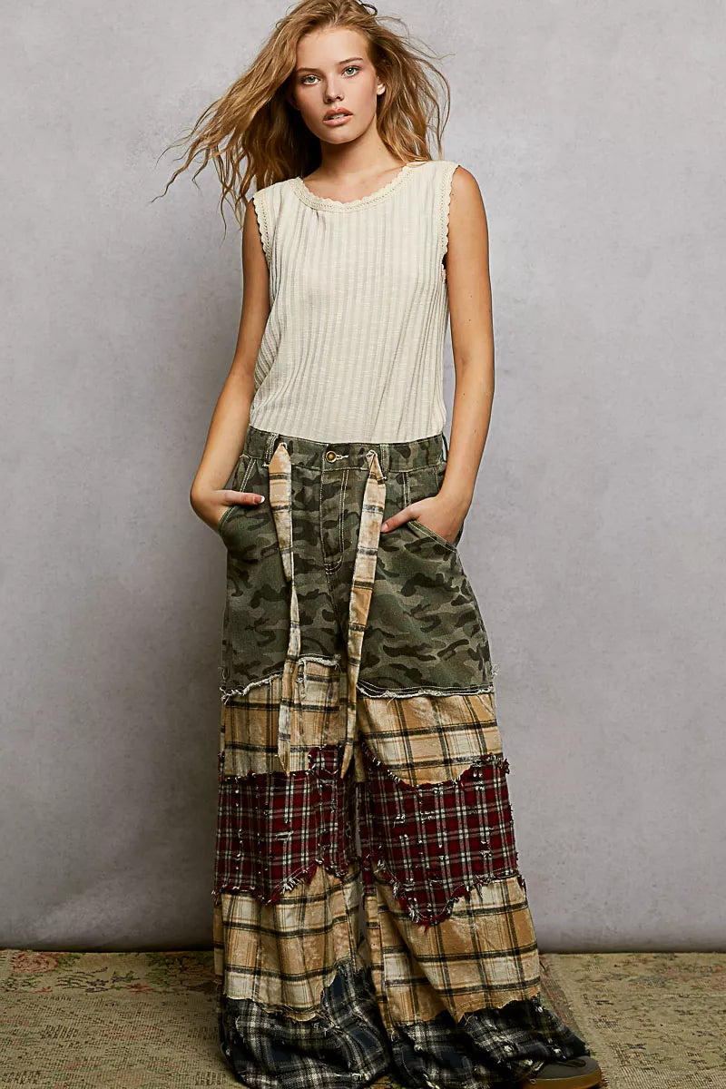 POL Ribbed Round Neck Tank with Lace Trim