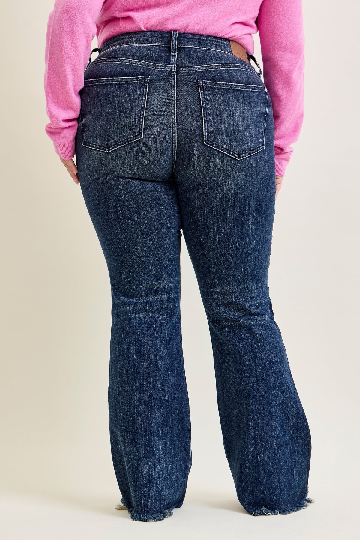 Amanda Mid Rise Flare Jeans with Distressed Knee & Frayed Hem - PLUS