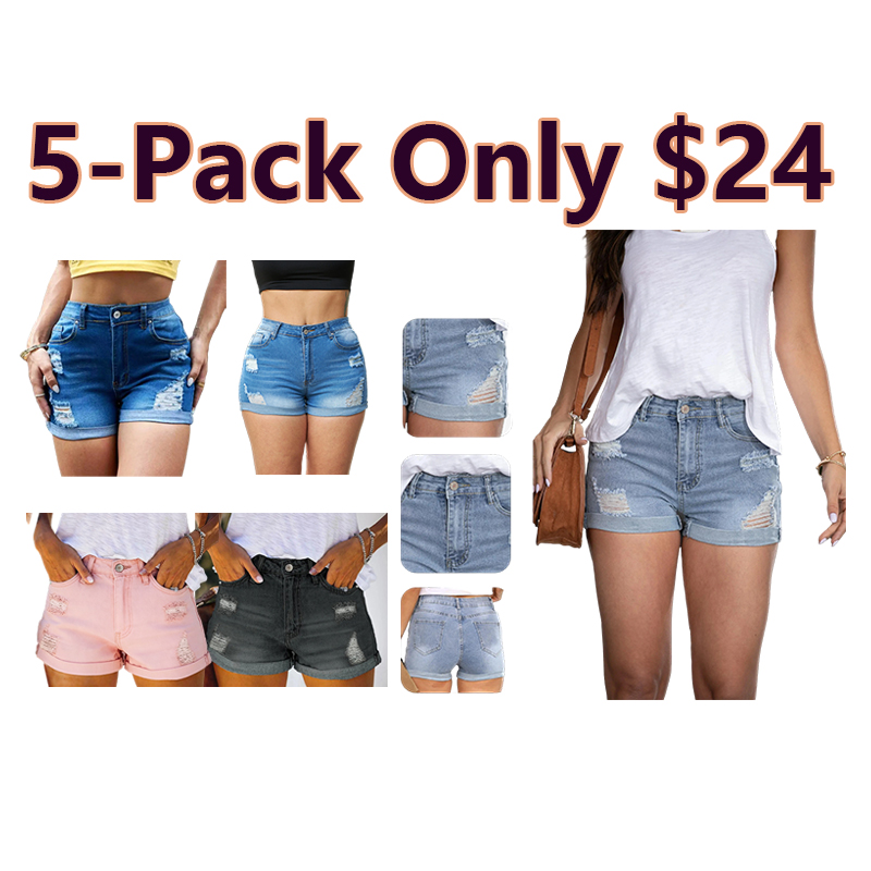 Women's Light Wash Distressed Denim Shorts - Slim Fit with Cuffed Hems