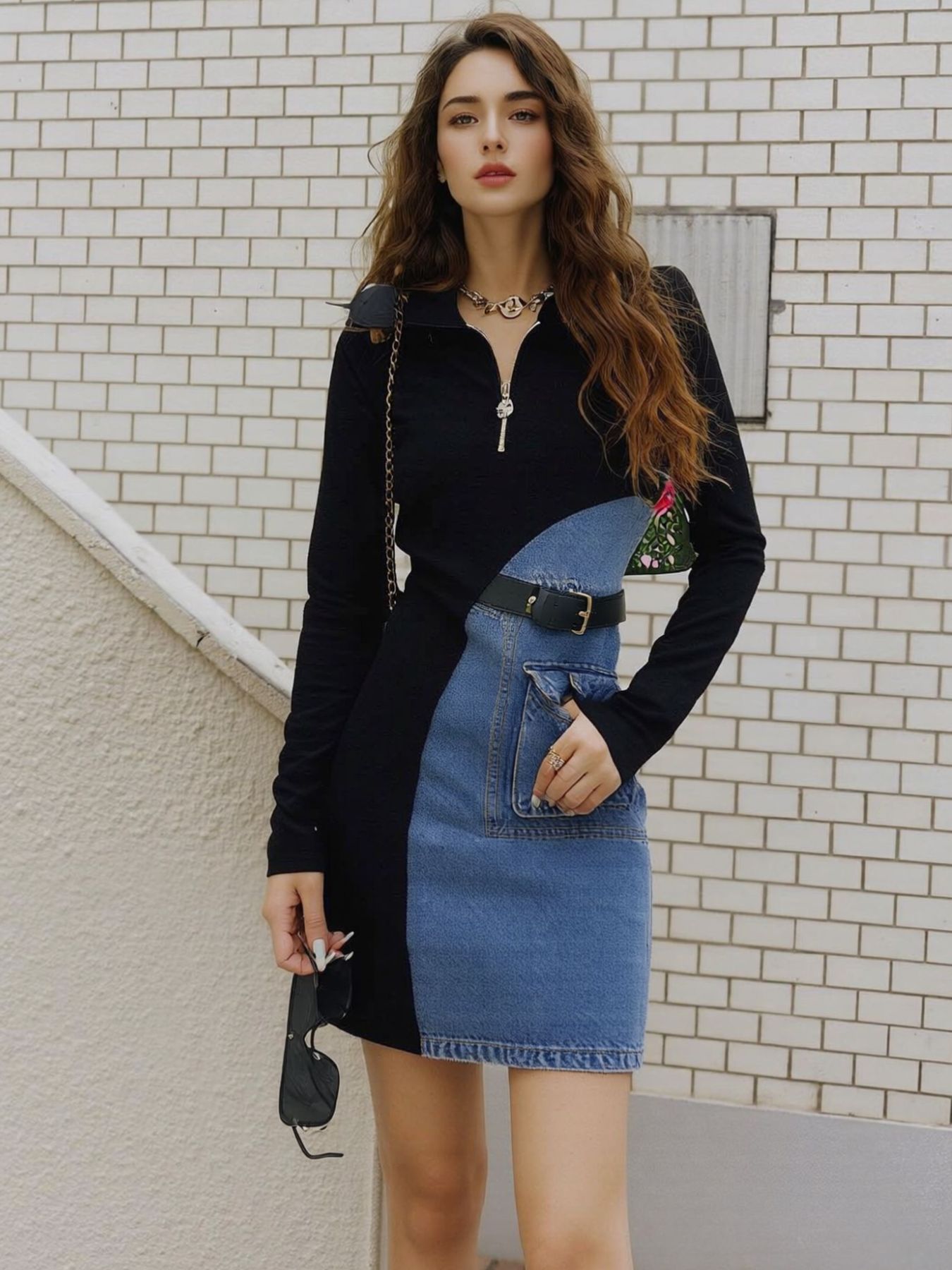 Full Size Color Block Denim Patchwork Mini Dress Plus Size