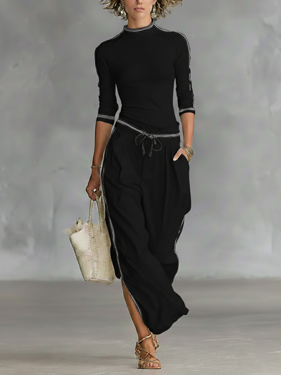 Cozy Stretch Knit Top And Linen And Cotton Trousers Two-piece Set