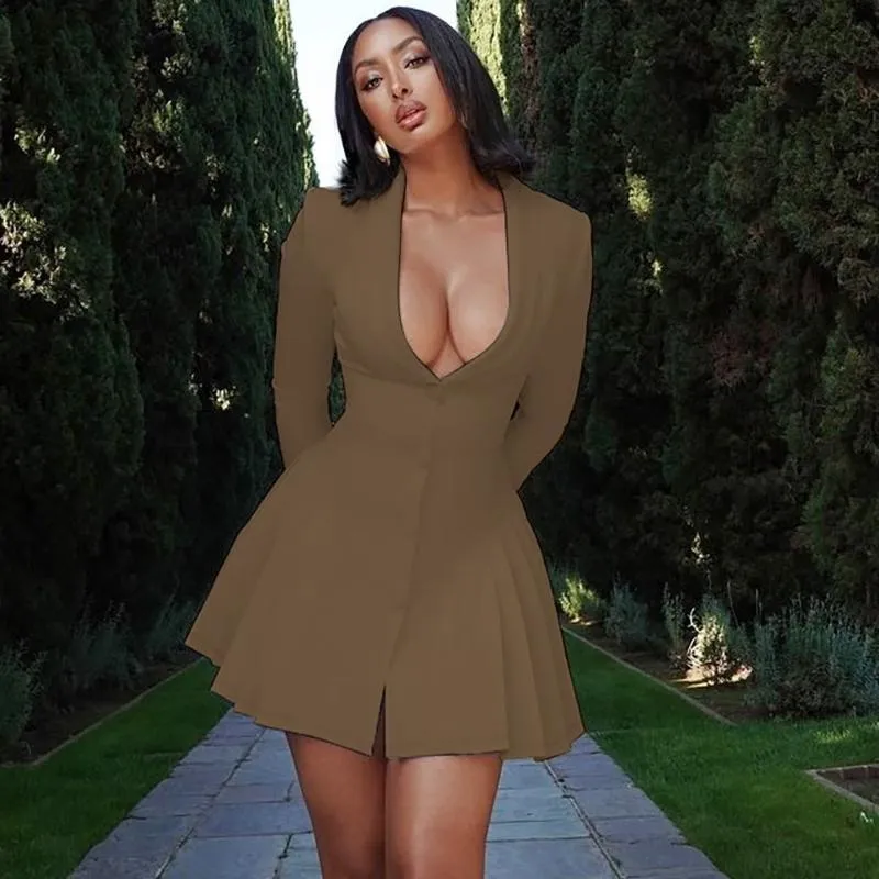 Women's Solid Deep V-Neck Pleated A-Line Dress, Elegant Button Front Long Sleeve Short Dress for Spring & Fall