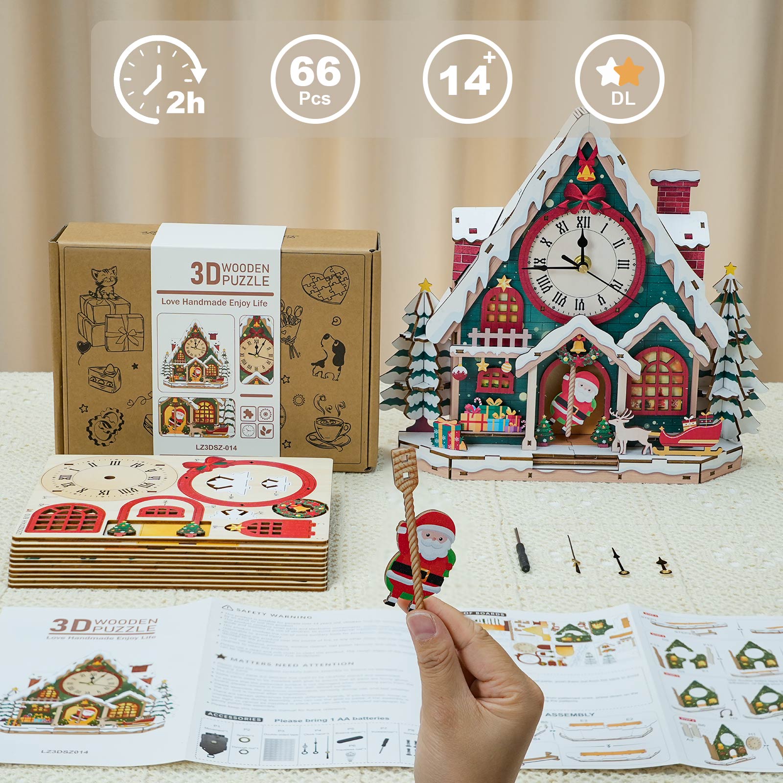 Christmas Snow House â€“ DIY Wooden Clock, 3D Puzzle Craft Kit