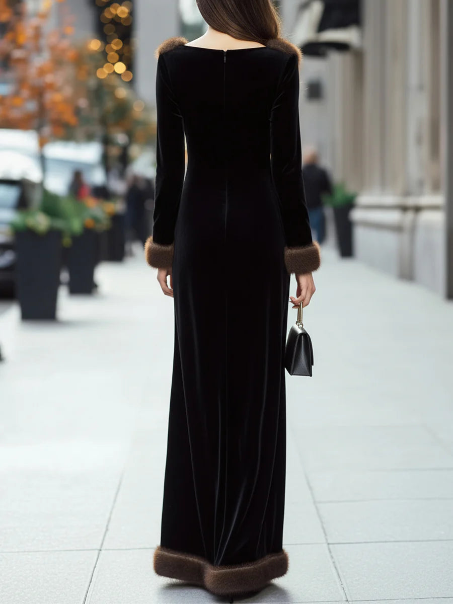 Luxurious Black Velvet Gown With Faux Fur Trim