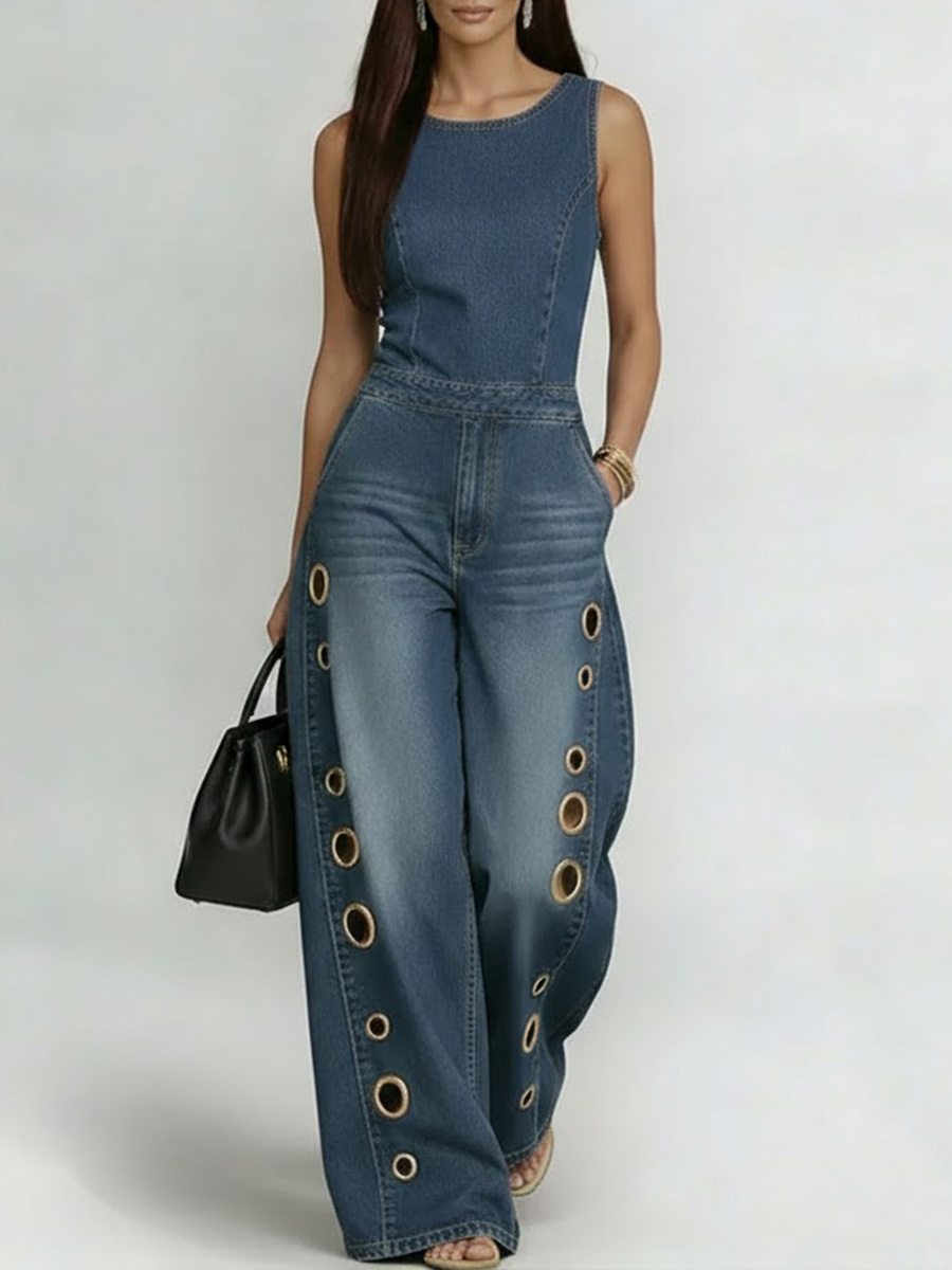 Women's Round Neck Sleeveless Casual Loose Denim Wide-leg Jumpsuit