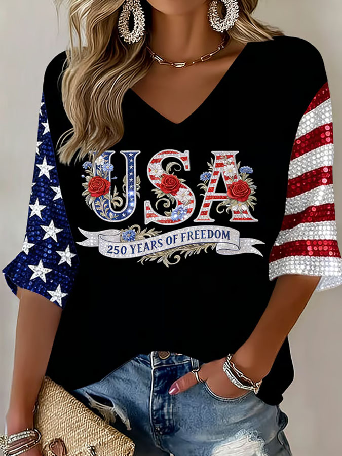 Women'S 250Th Anniversary Printed V-Neck Top For The Founding Of The United States