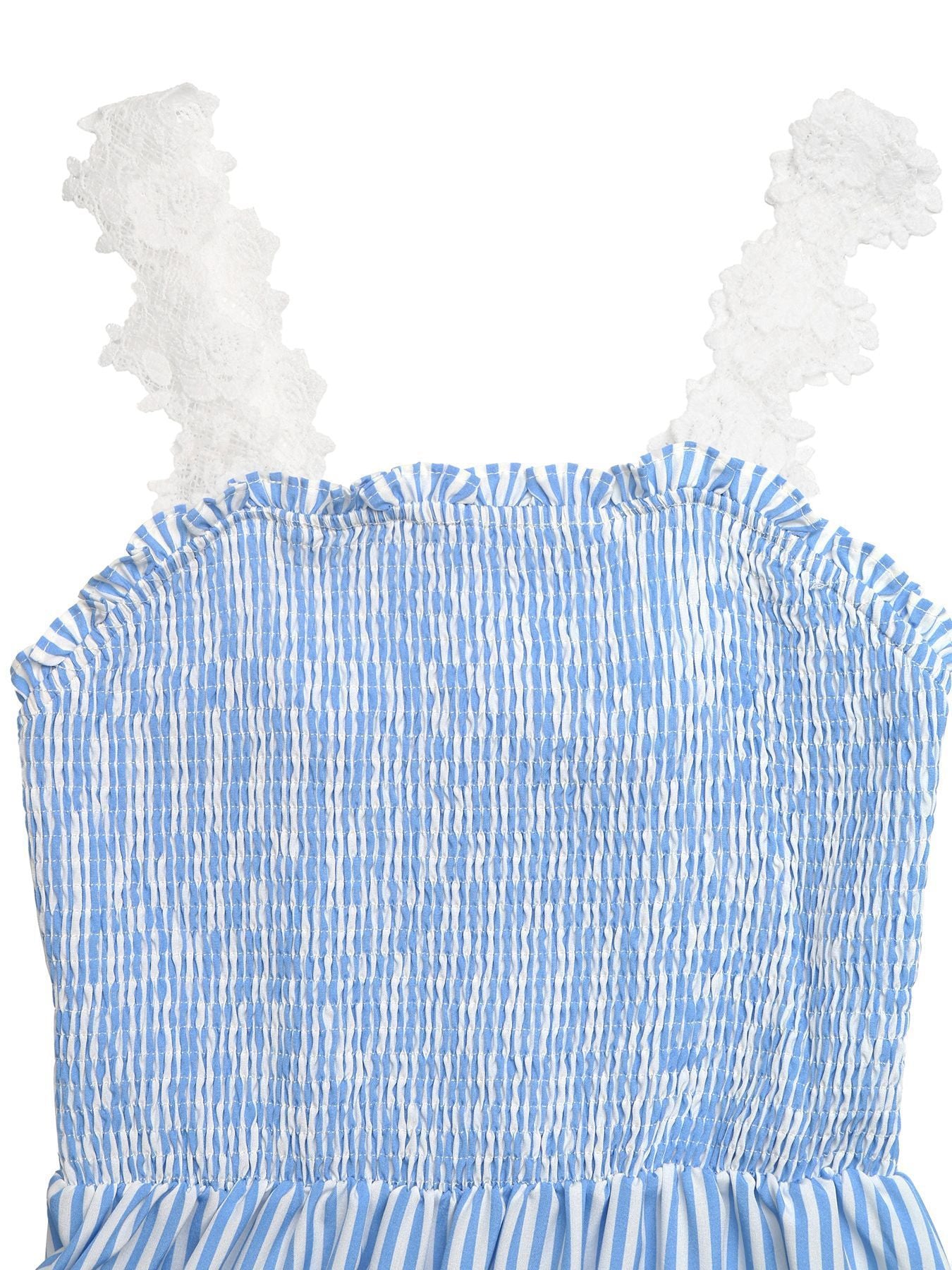 Striped Smocked Lace Trim Midi Dress