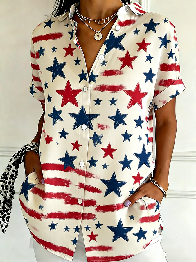 Women's Casual American Retro Pentagram Printed Shirt