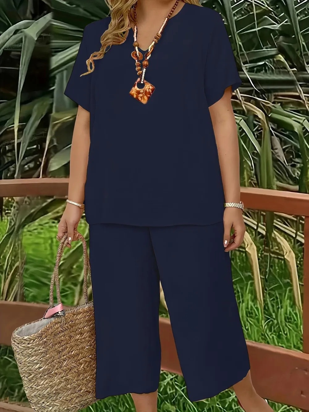 Women's Solid Color Short Sleeve Fashion Top & Casual Wide Leg Pants Set, Summer, Comfortable & Stylish