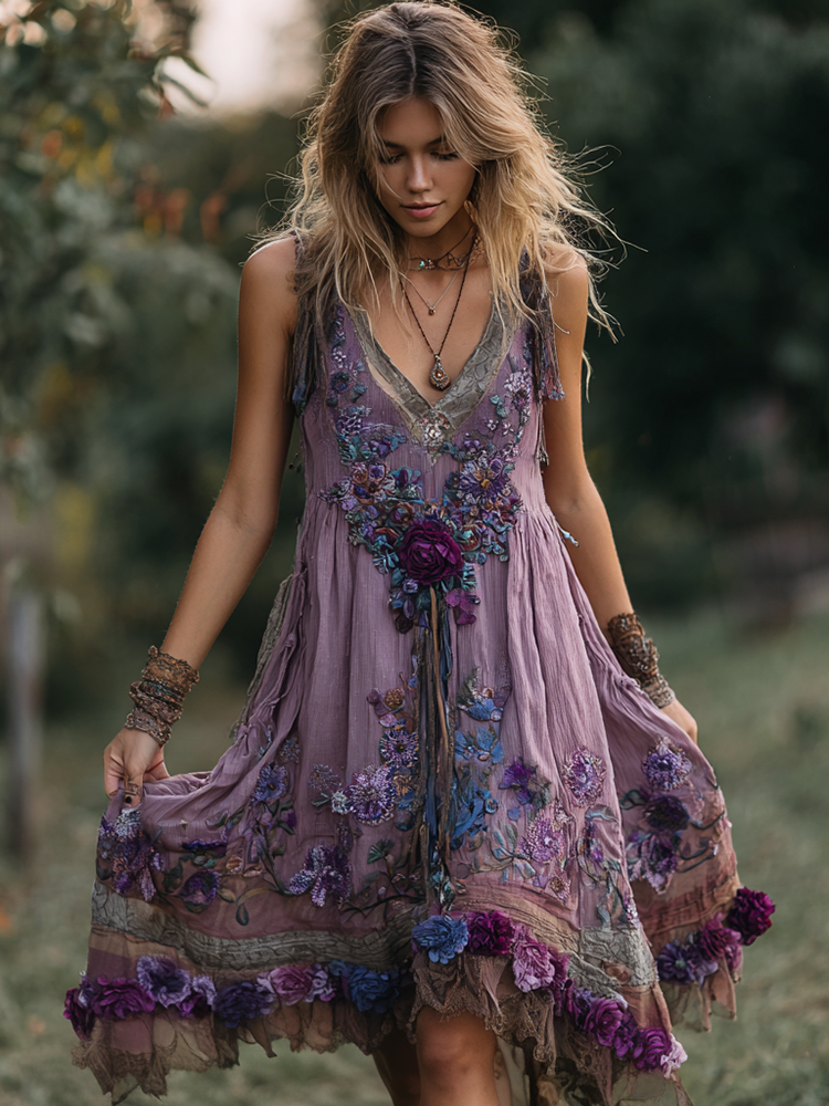 Women's Vintage Floral Embroidery Art Sleeveless Dress