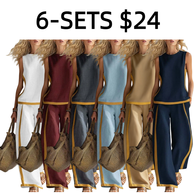 2026 Linen Blend Two Piece Set for Women Sleeveless Color Block Top Wide Leg Pants Set Casual Summer Outfit
