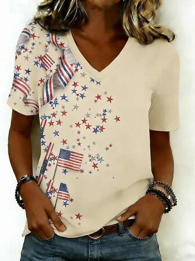 Women's USA Flag Star Patriotic V-Neck T-Shirt