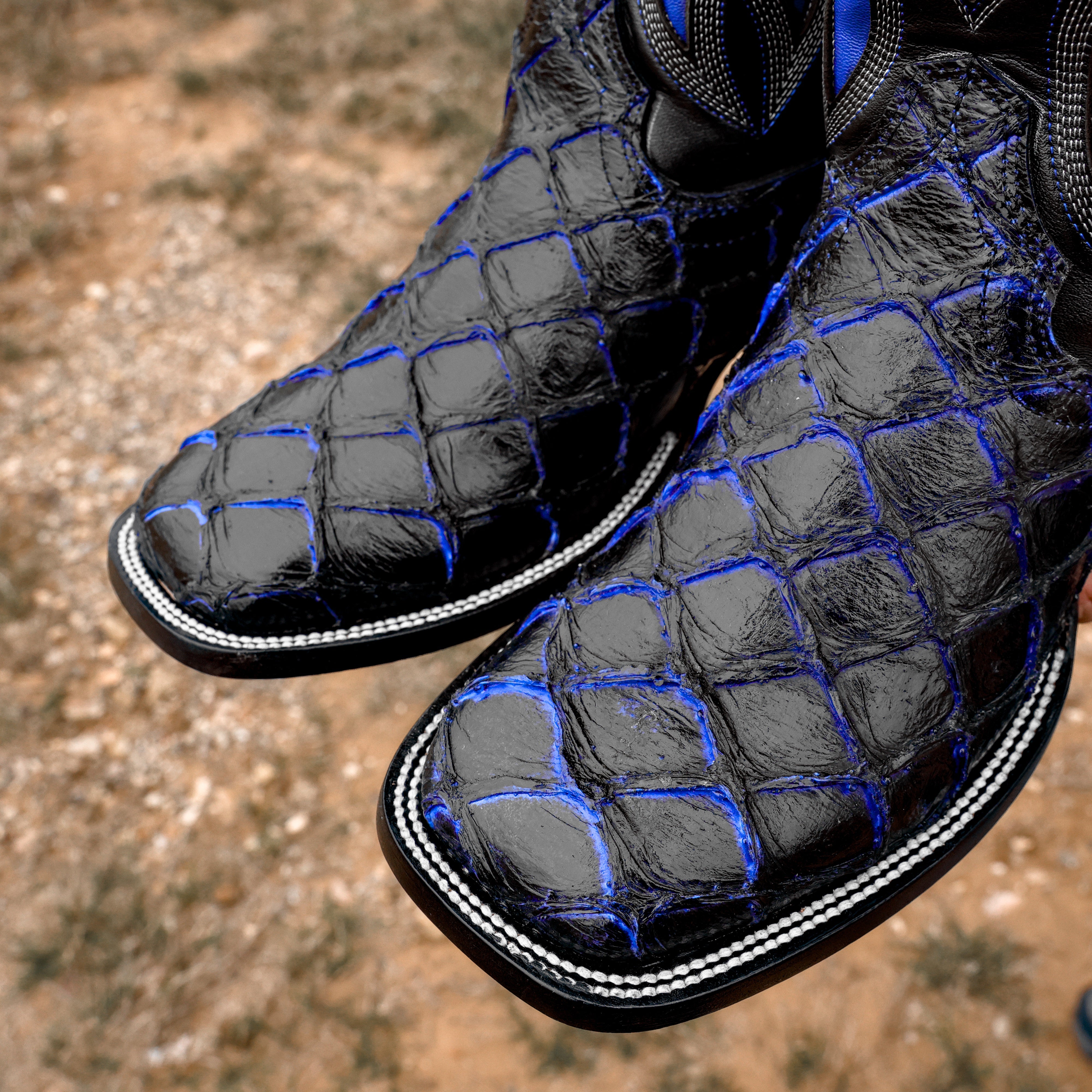 Black/Blue Pirarucu Leather Boots - Square Toe