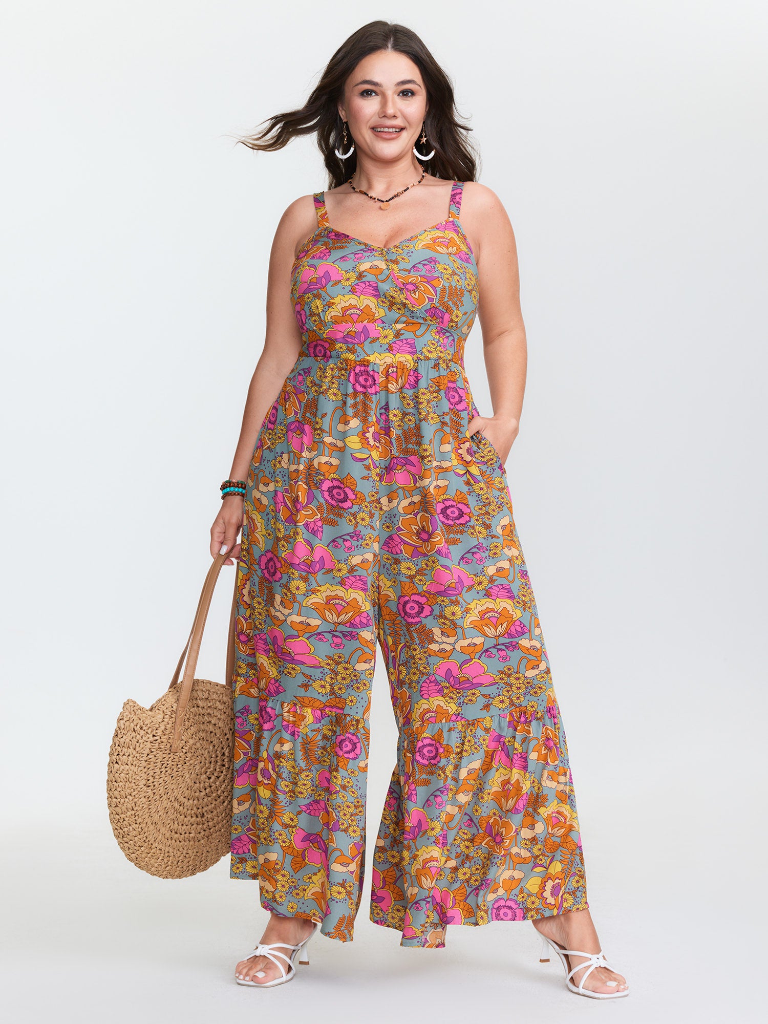 Floral Print Shirred Cami Jumpsuit