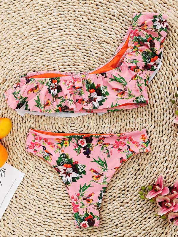 One-Shoulder Falbala Floral Print Padded Bralette High-Waisted Bikini Swimwear