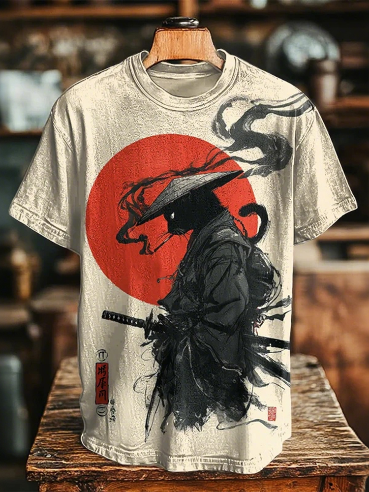 Men's The Smoking Black Cat Samurai Print Casual T-shirt