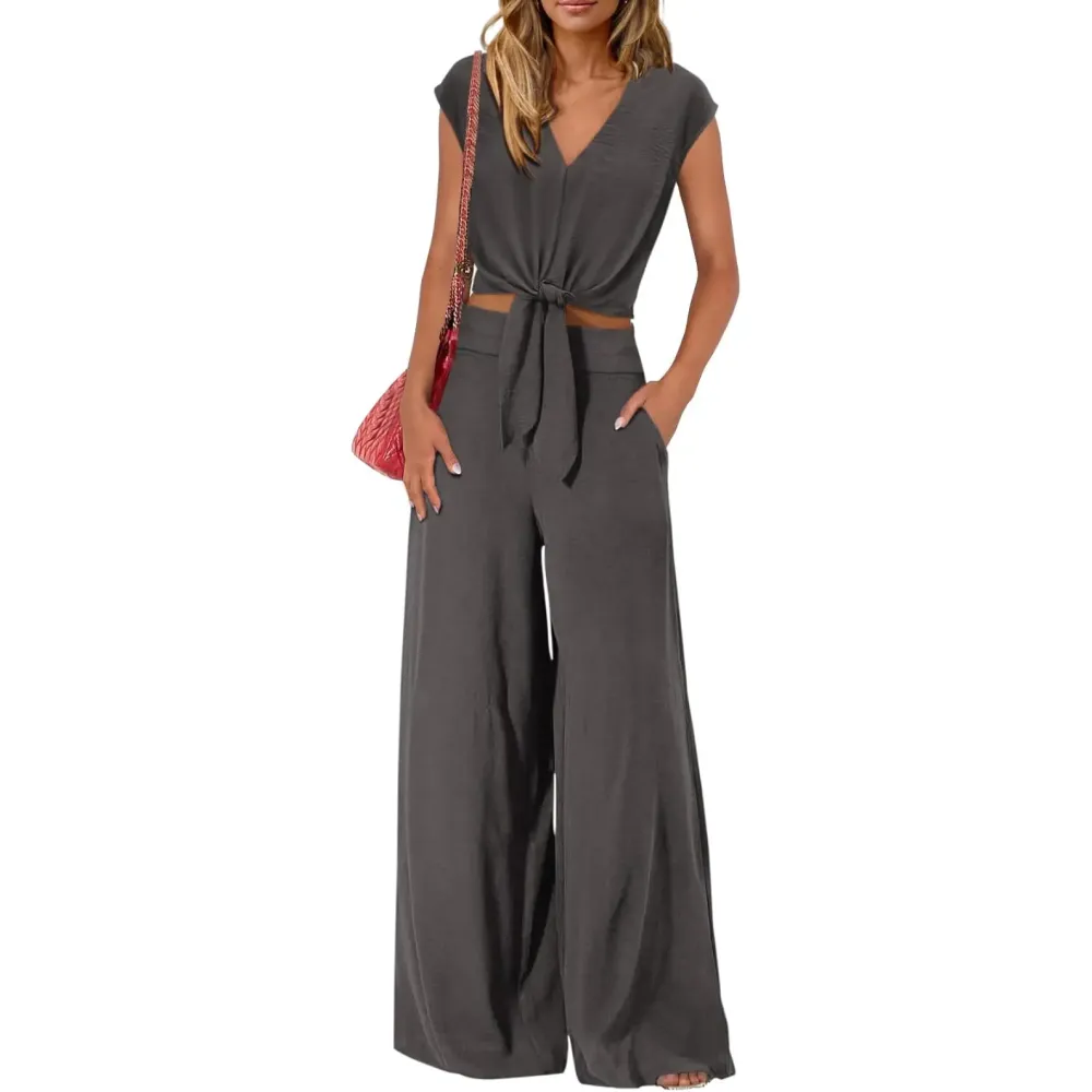 Women's V-Neck Tie Waist Crop Top & Wide Leg Pants 2-Piece Set