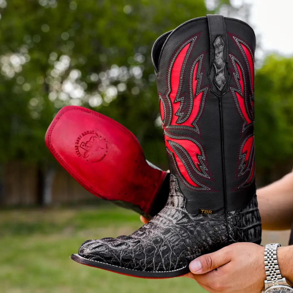 Midnight Grey Caiman Neck Leather Boots - Square Toe