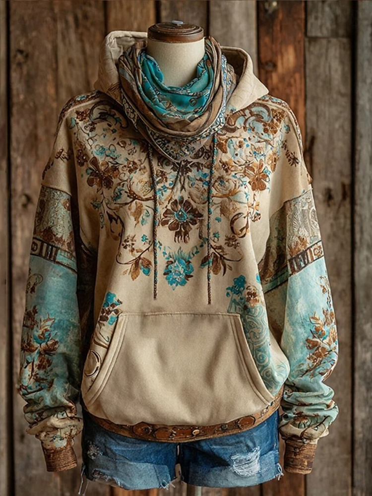 Women's Bohemian Floral Geometric Pattern Vintage Western Casual Hoodie