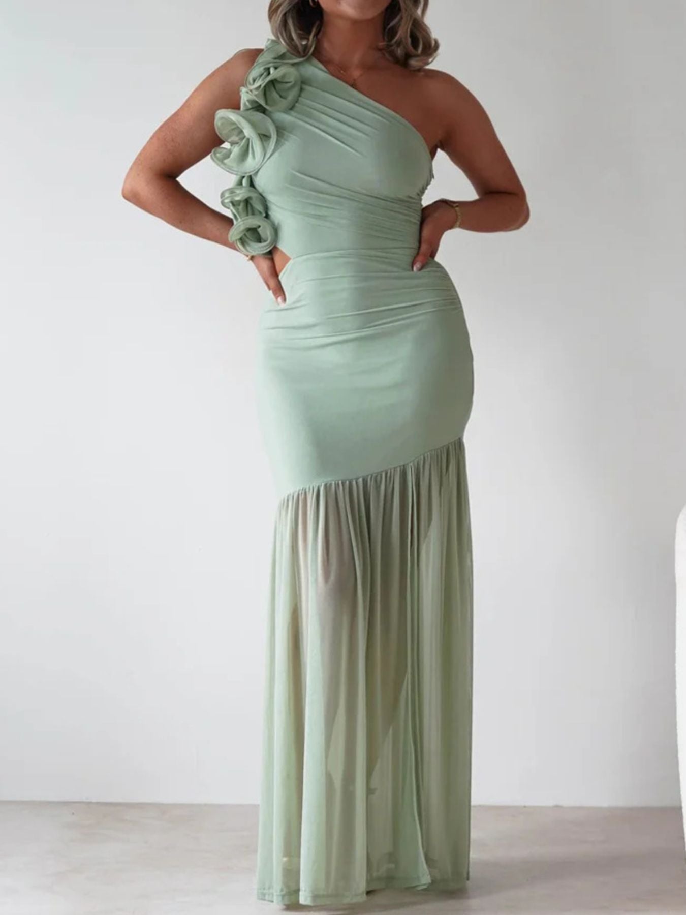 One-Shoulder Ruffle Trim Maxi Dress