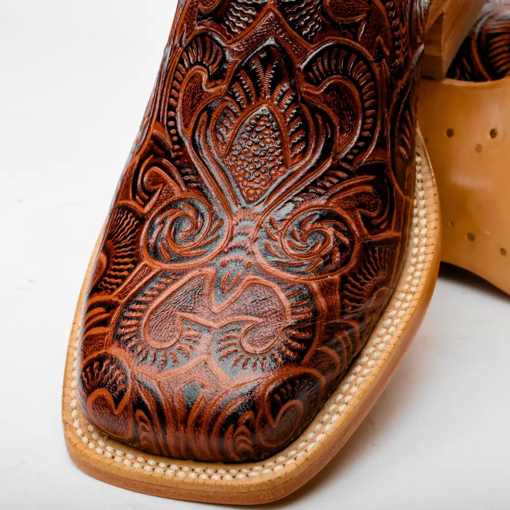 Cognac Hand-Tooled Boots - Square Toe