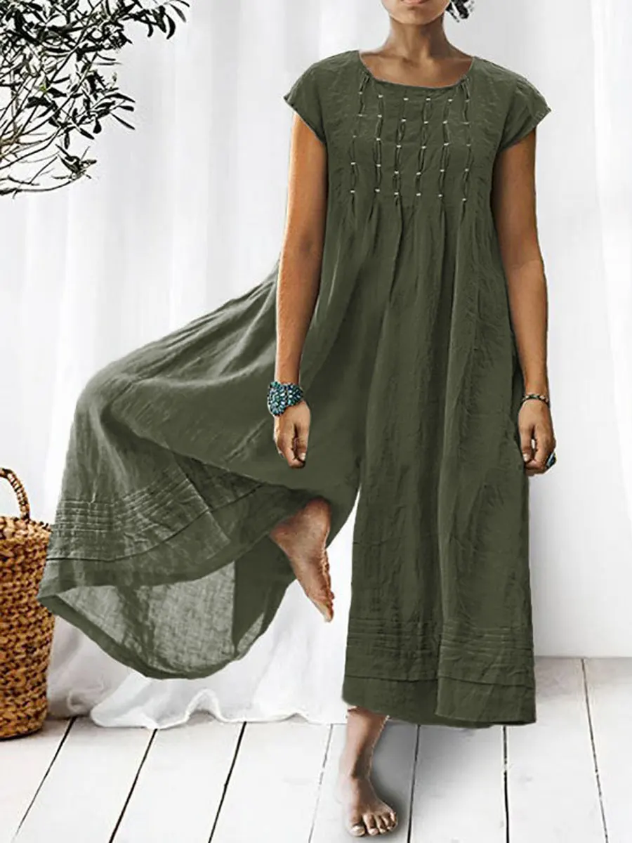 Women's Solid Color Art Casual Short Sleeve Cotton Linen Jumpsuit