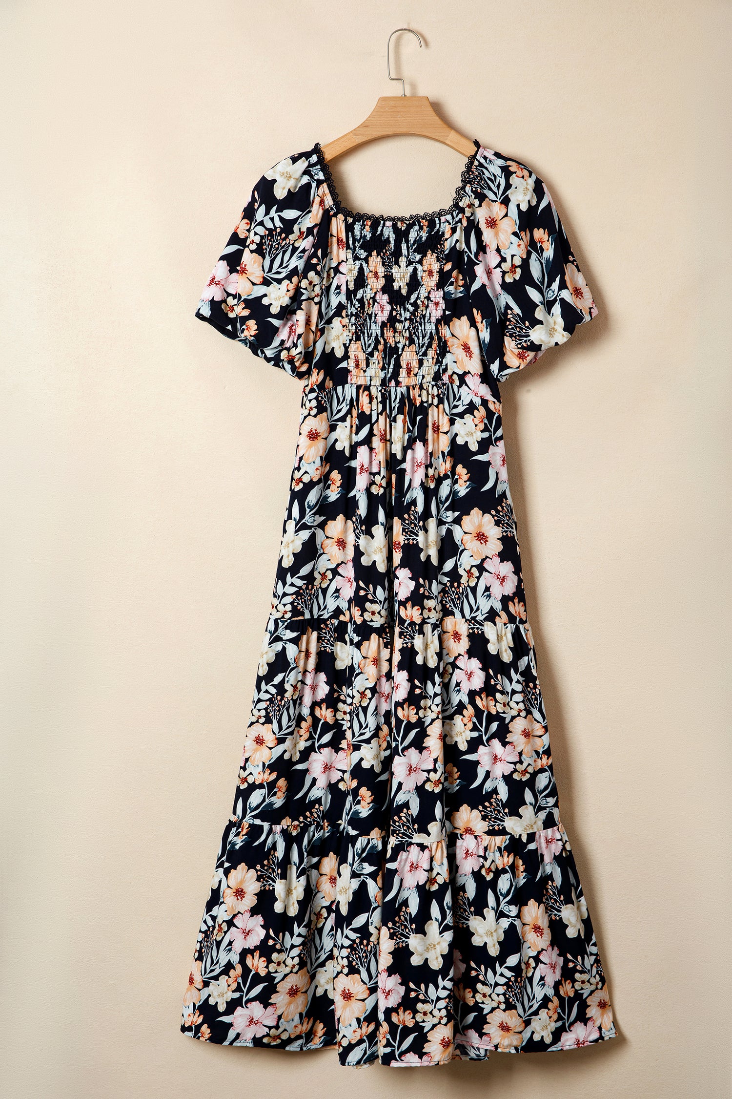 Blue Short Sleeve Smocked Detail High Waist Floral Maxi Dress