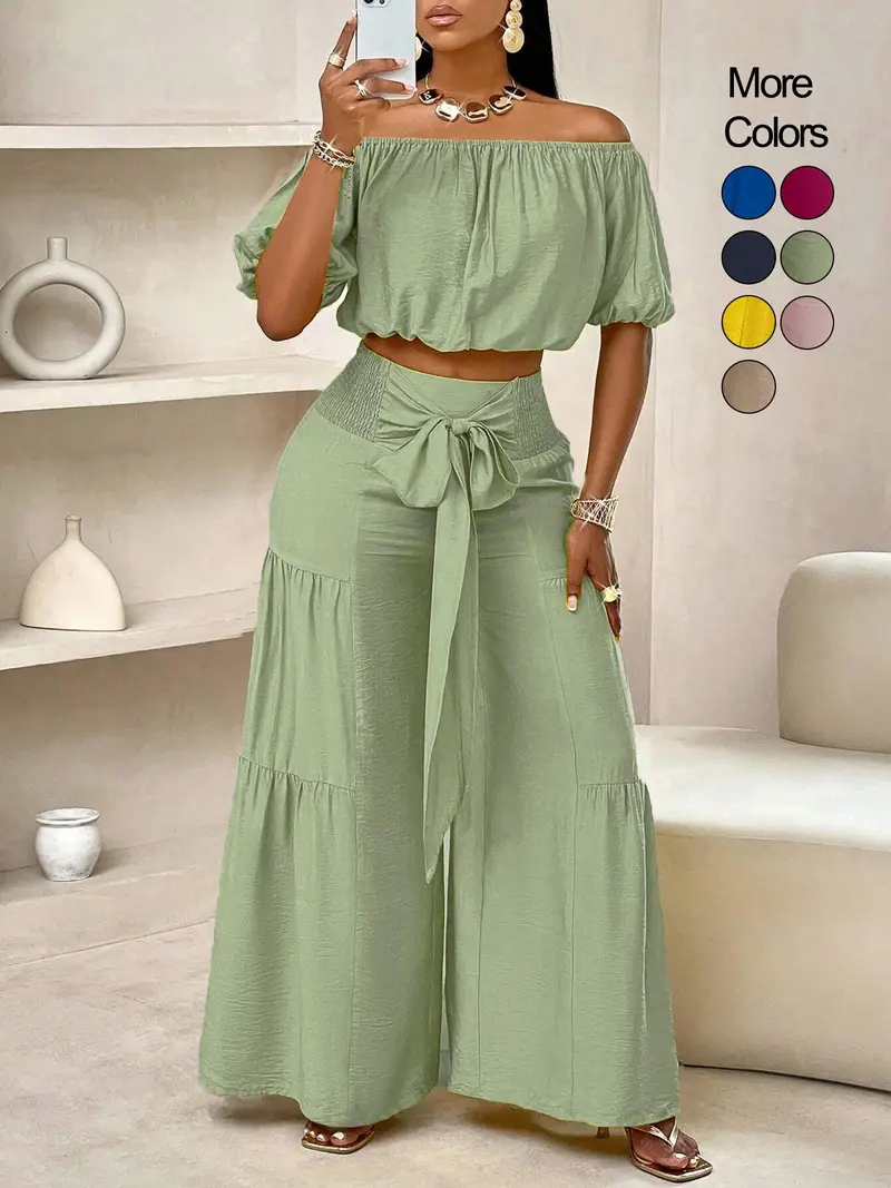 Women's Solid Color Top & Wide Leg Pants Set, Casual Off Shoulder Top & Palazzo Pants for Summer, Ladies Clothes for Beach Holiday Vacation, Womenswear