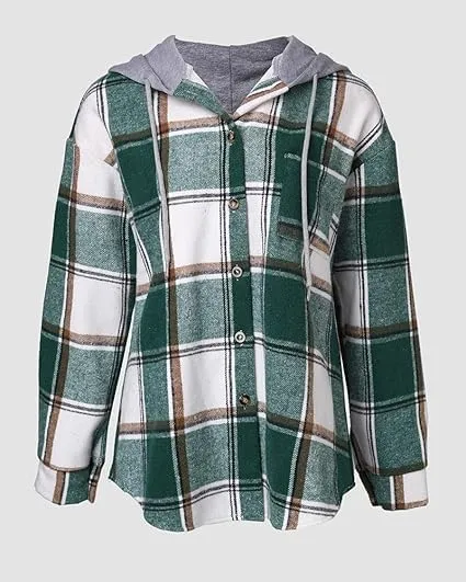 Women's Plaid Pattern Shacket  Hooded Jackets