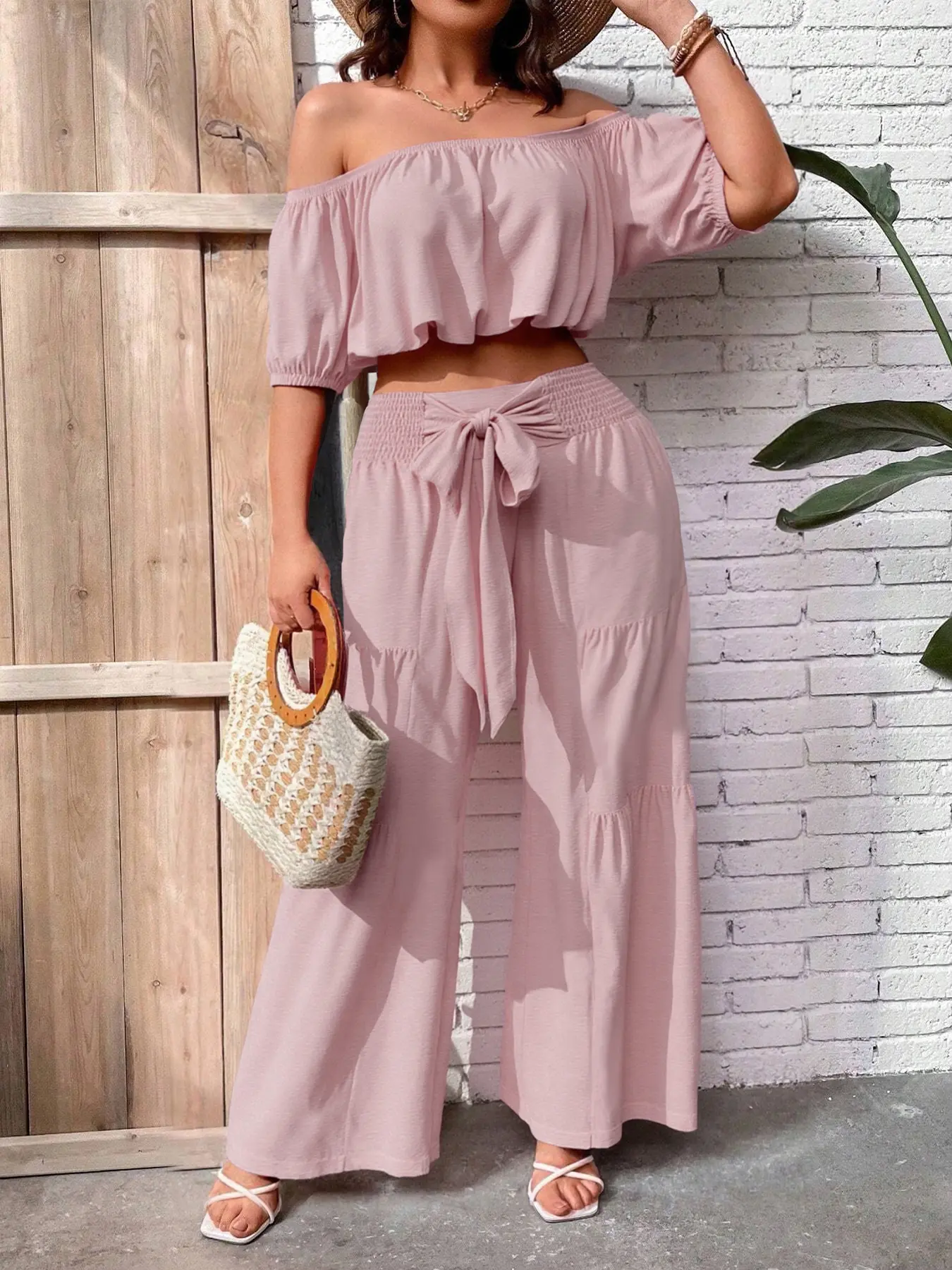 Summer Beach Vacation Bow Shoulderless Round Neck Shirt Wide Leg Pants Set