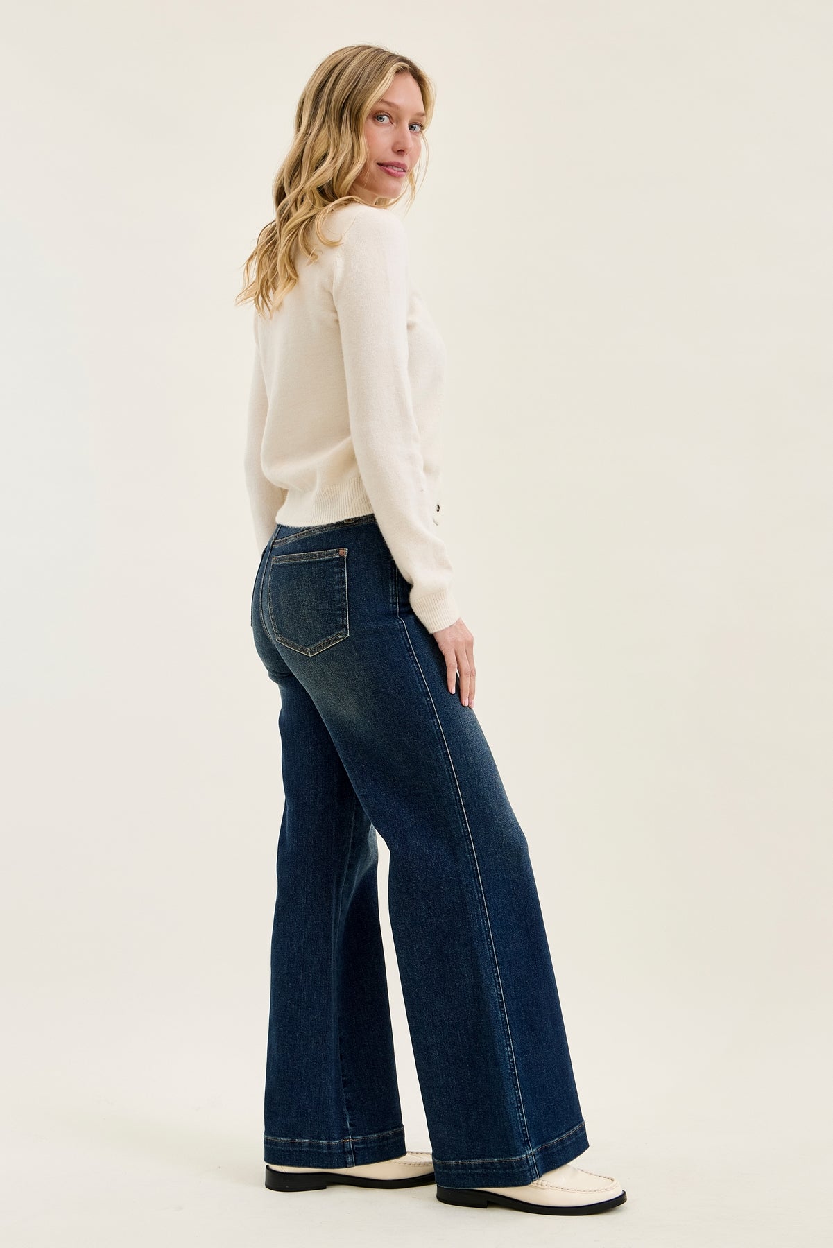 Lux Vintage Brushed Blue Wide Leg with Welt Pockets