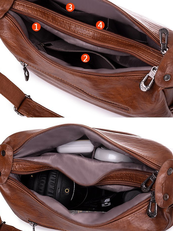 Vintage Solid Color Split-Joint Leather Shoulder Bag