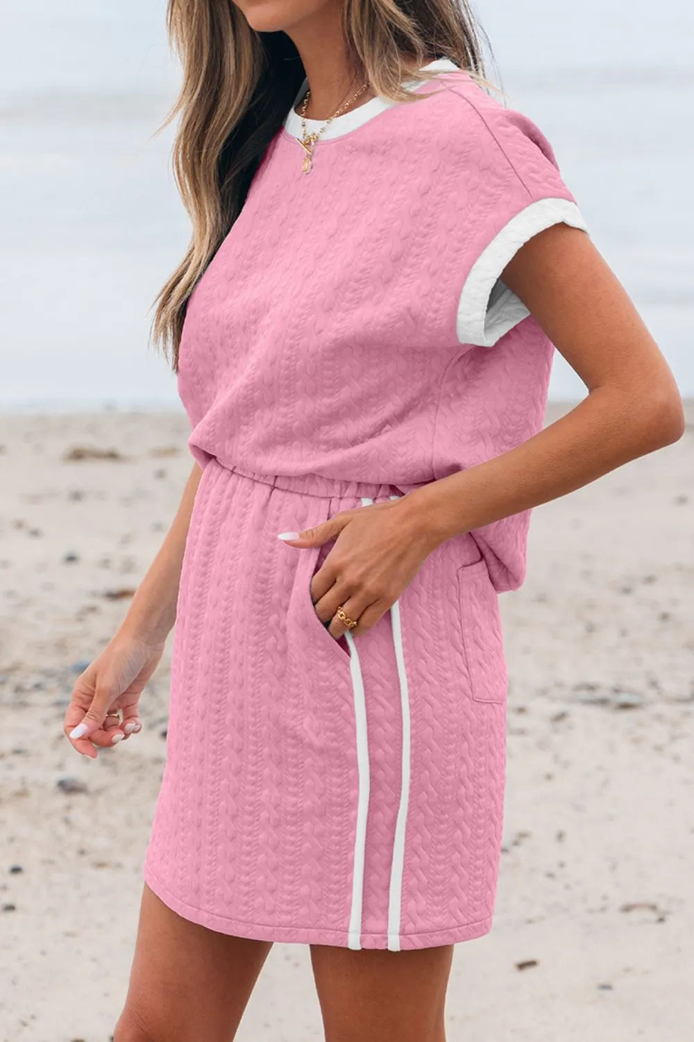 Textured Round Neck Top And Skirt Set