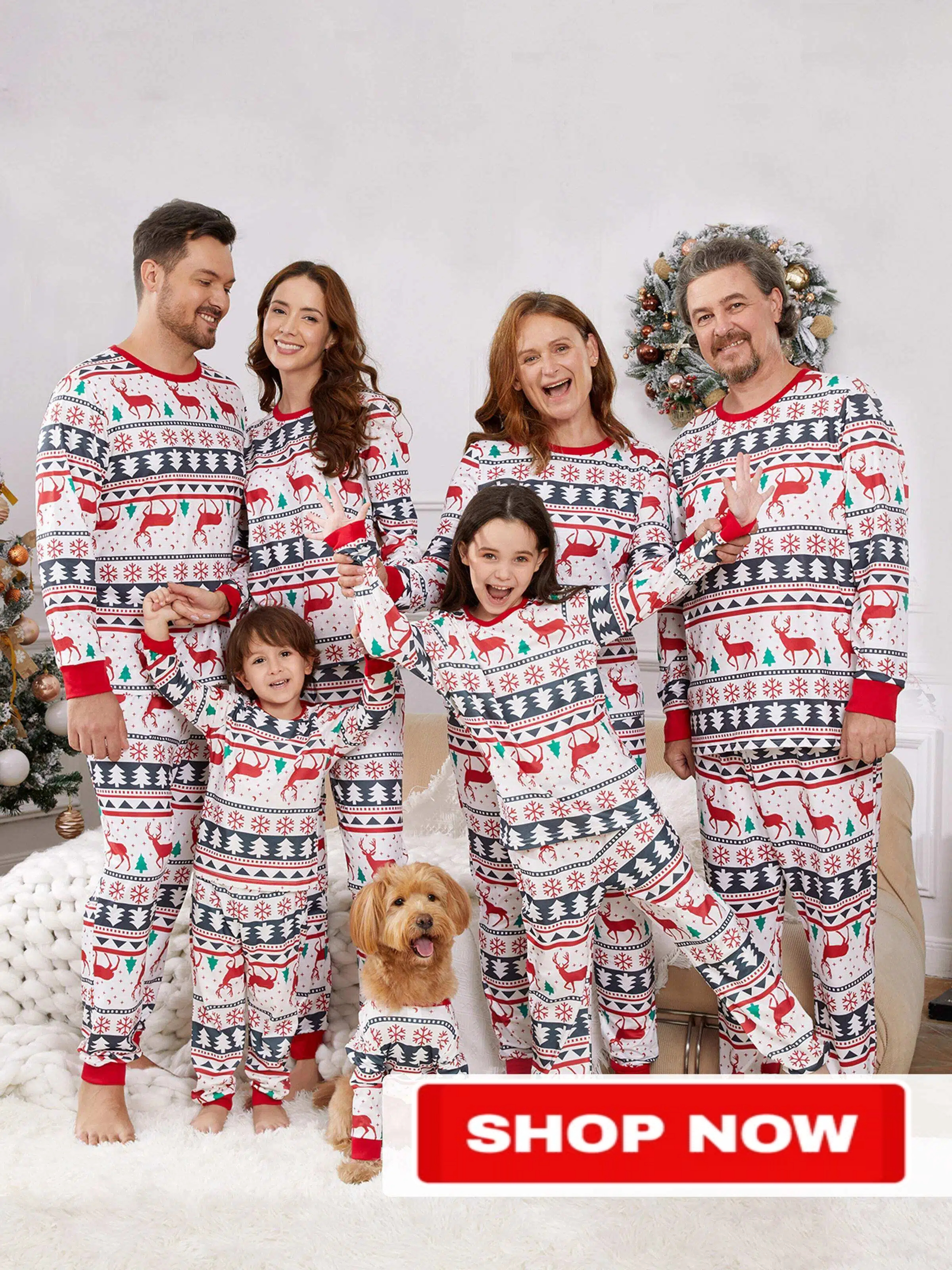 Family Christmas Pajamas All Over Reindeer Print Long-sleeve with Christmas Socks (SGS Certied Safety) Red+White