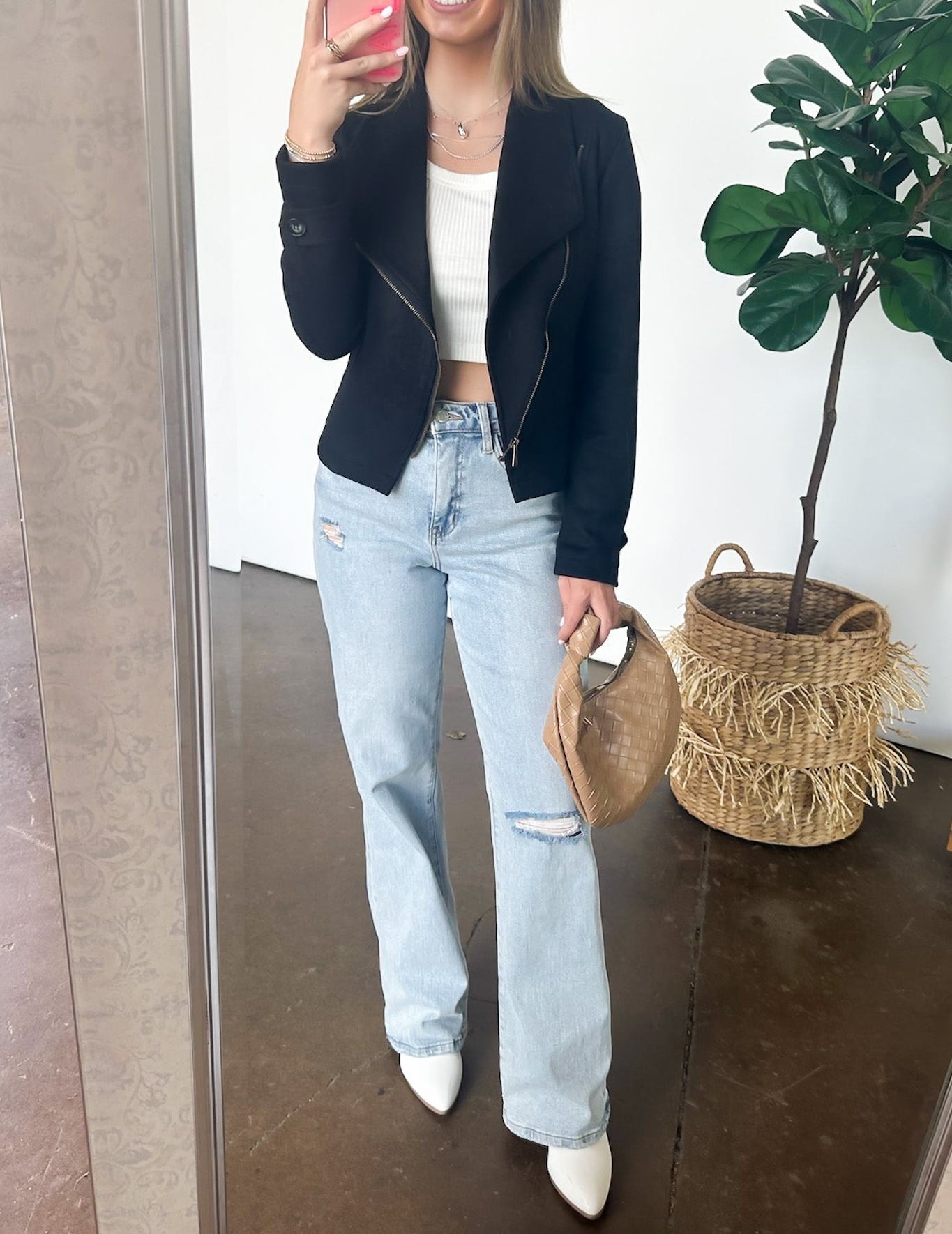 Faux Suede Zip Up Moto Jacket