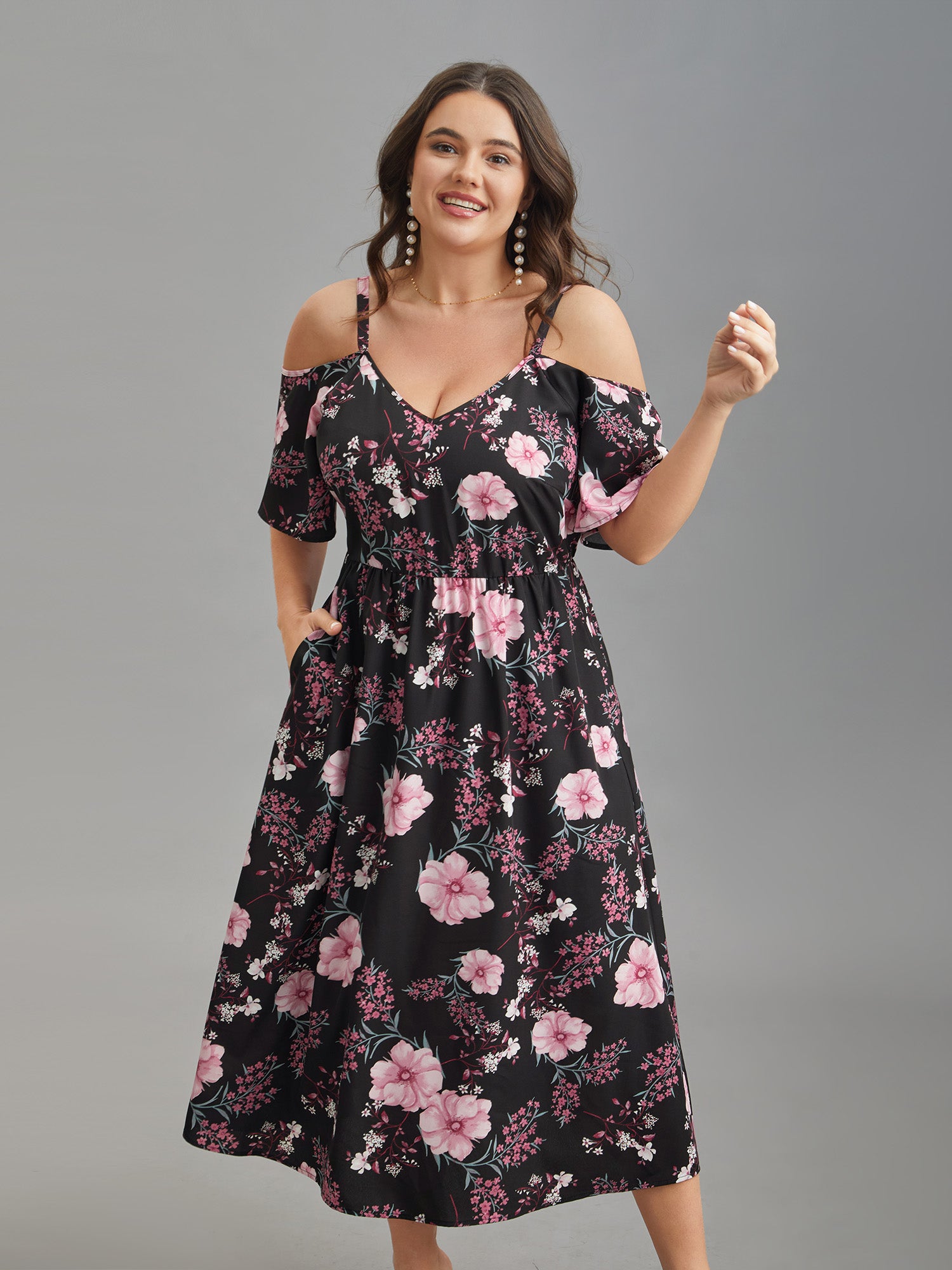 Floral Print Cold-Shoulder Pockets Midi Dress