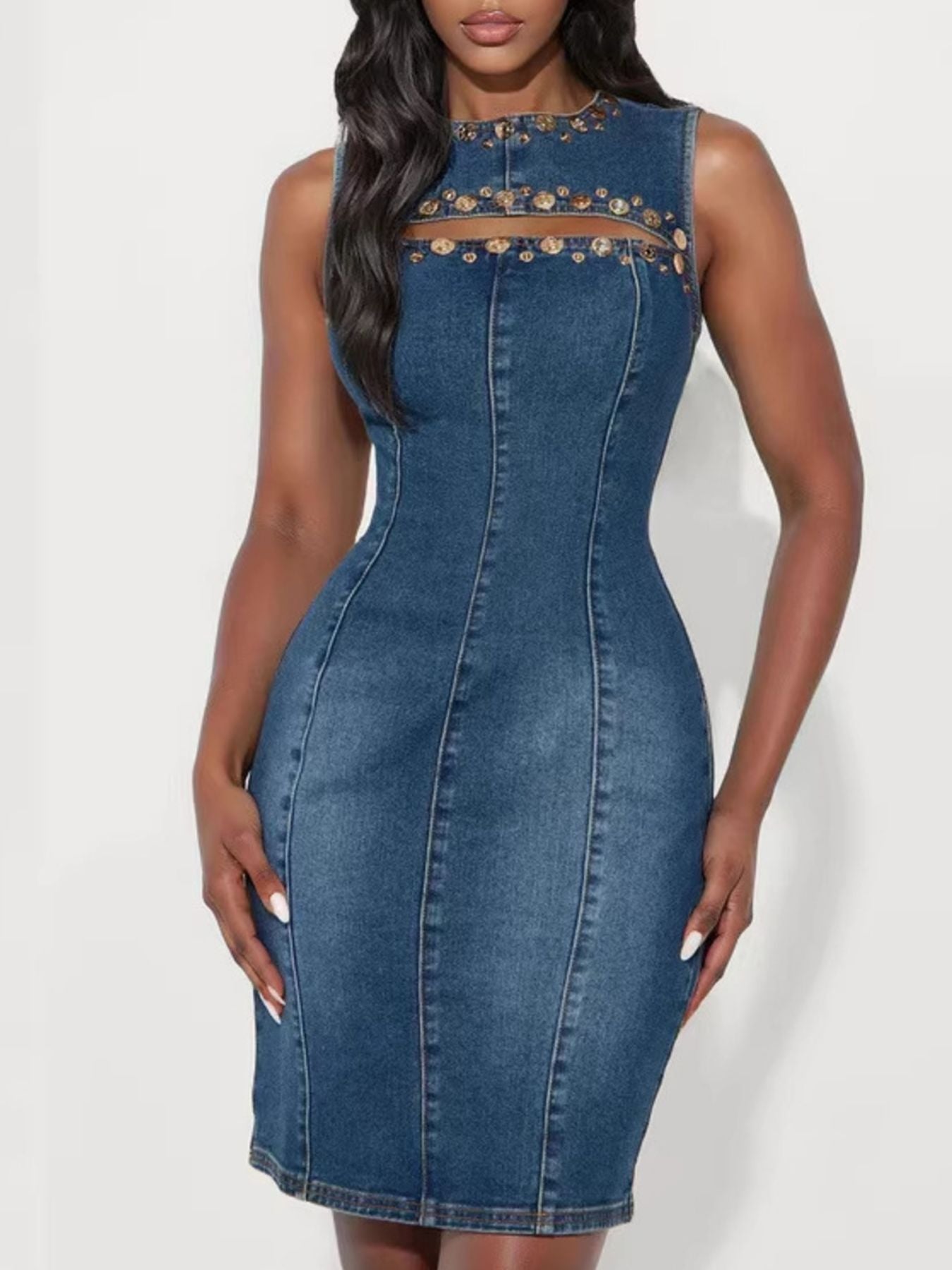 Embellished Cutout Sleeveless Denim Dress