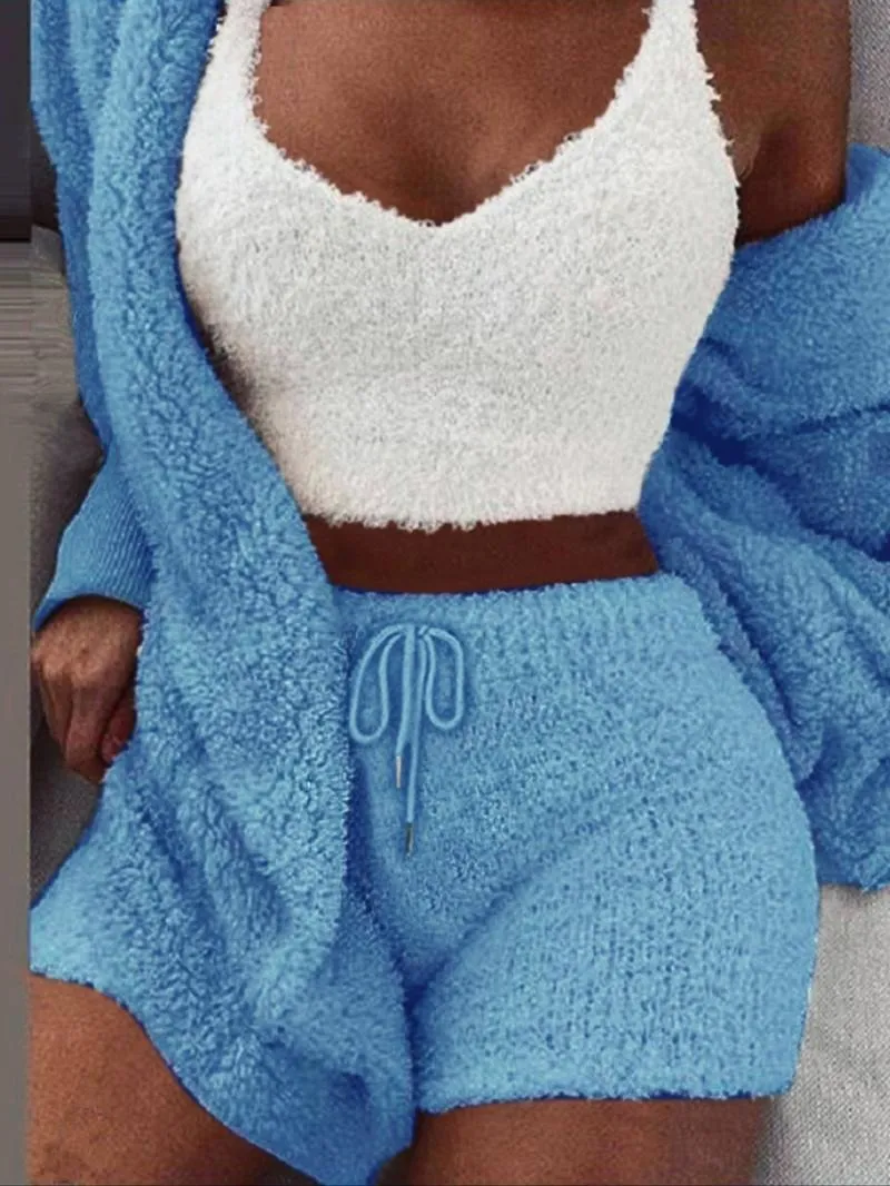 Women's Solid Color Plush Three-piece Pyjama Set, Fluffy Pajamas