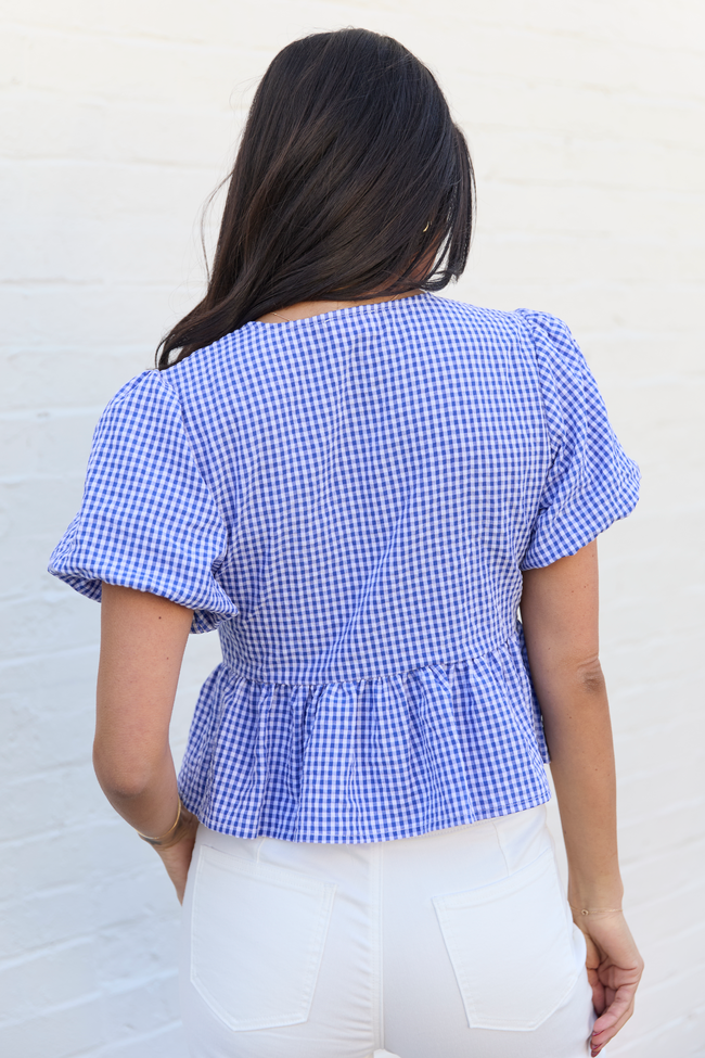 Mila Blue Gingham Tie Front Flounce Woven Blouse