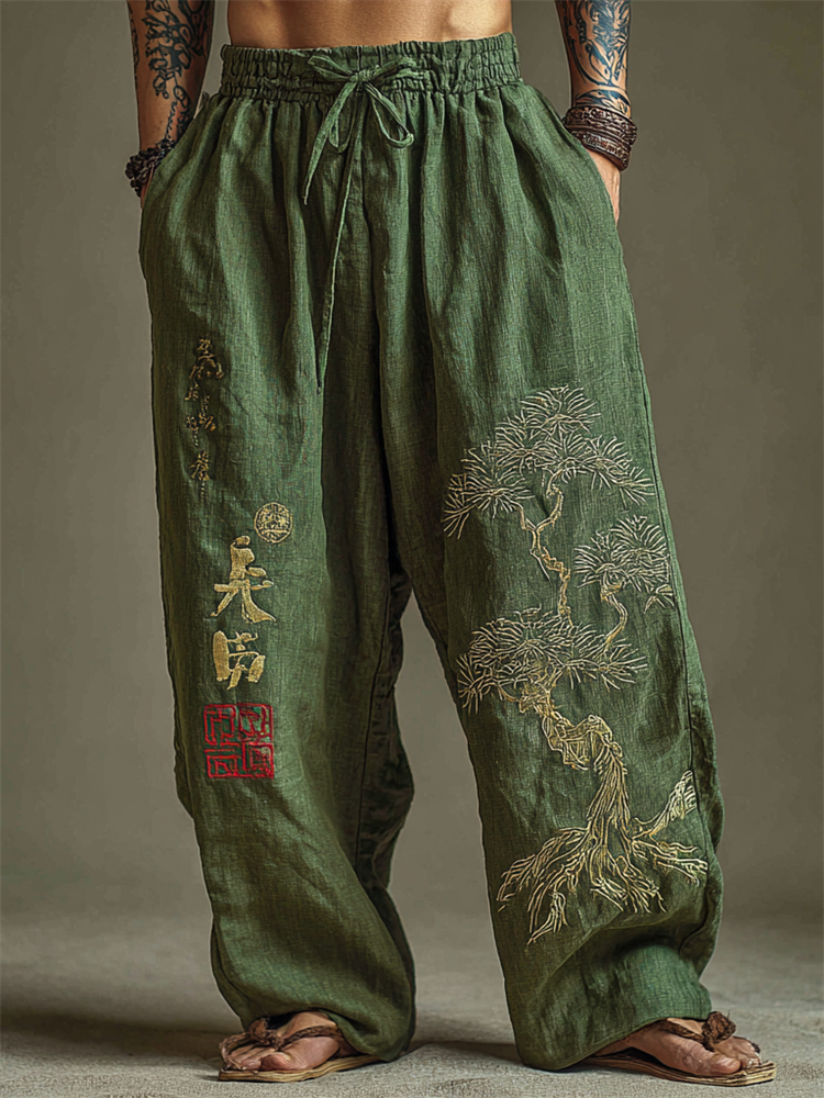 Men's Japanese Pine Tree Embroidered Wide Leg Linen Pants