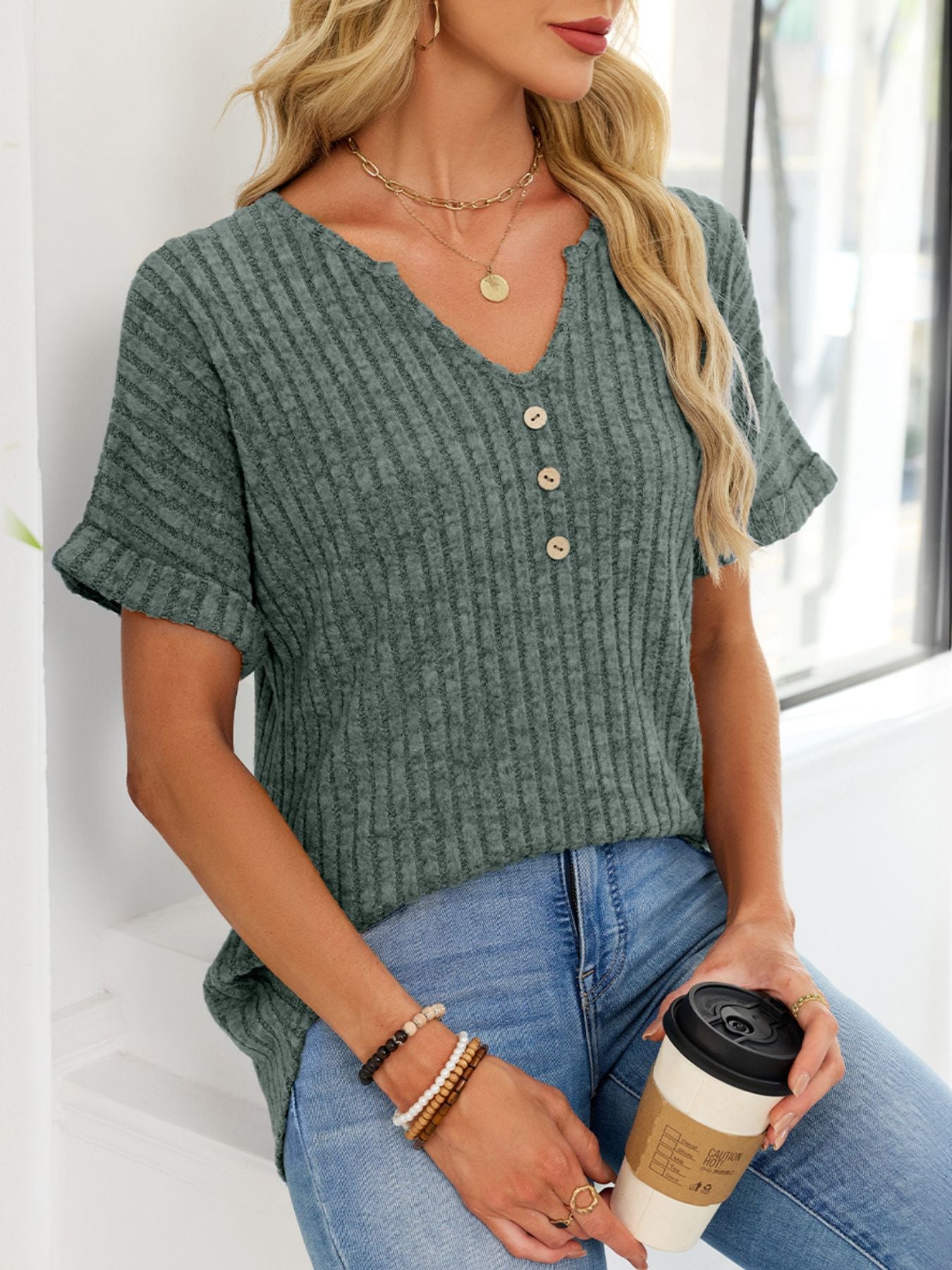 Ribbed Knit Short Sleeve T-Shirt