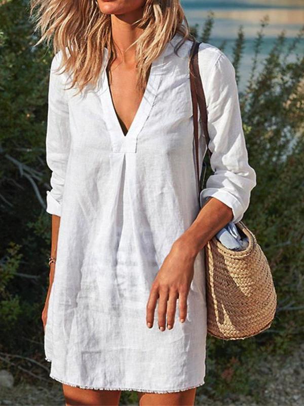 Women's Cotton Linen Solid Color V-neck Mid-length Casual Long-sleeved Dress